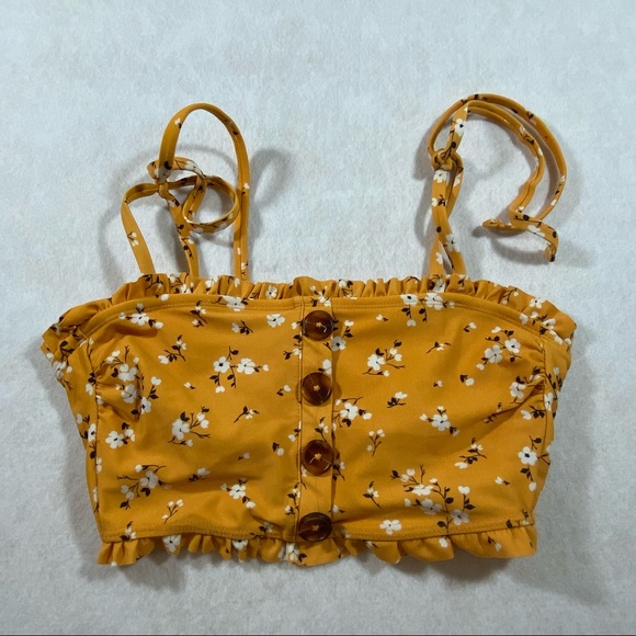 Xhiliration Cropped Top Swim Top Mustard Small floral Print Ruffled biki… - Picture 11 of 11